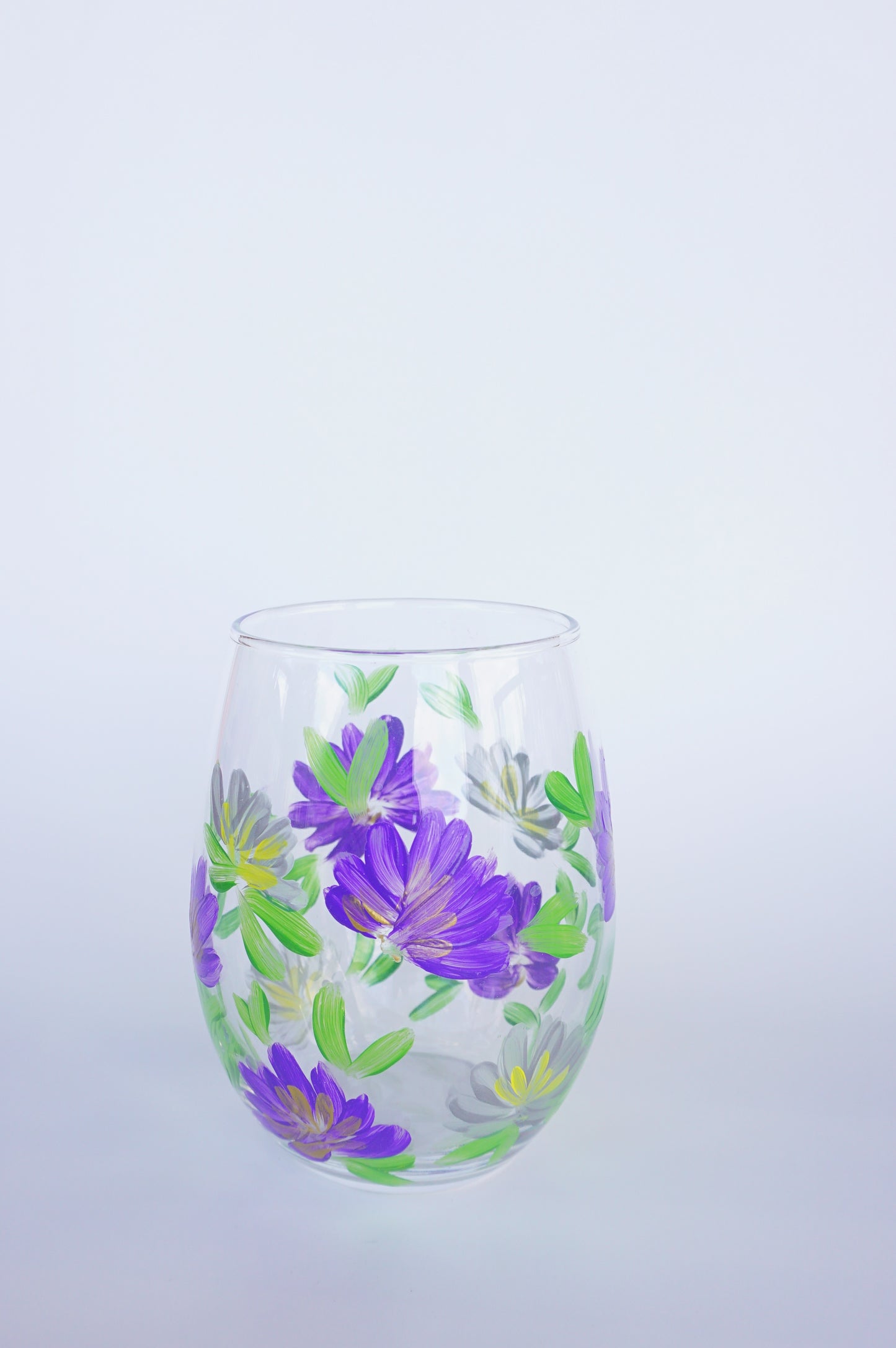 Hand Painted Stemless Wine Glass - Purple + Silver Small Flowers