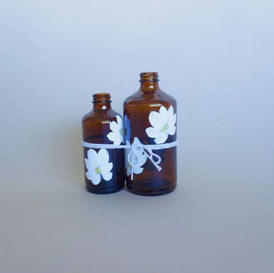 Hand Painted Glass Bottle Set- Transparent Brown - White Flower