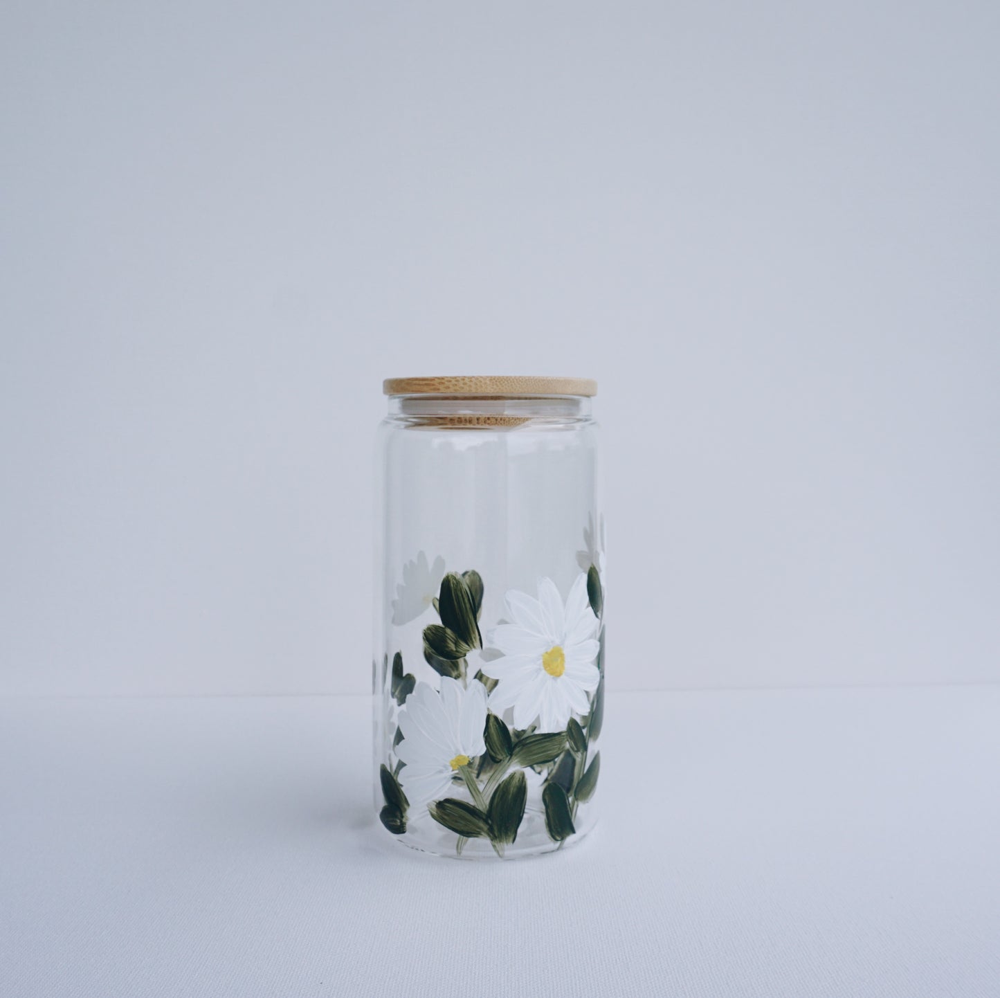 Hand Painted Glass Cup with Bamboo Lid and Glass Straw - White Margarita Flower