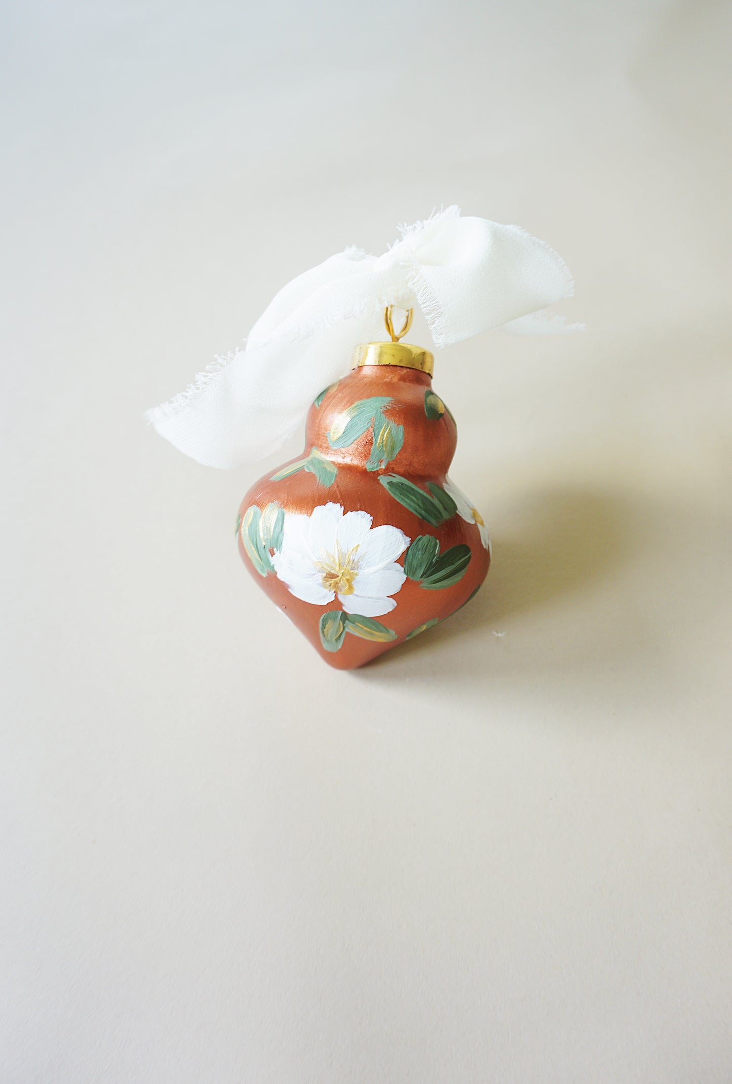 Bronze + White Flowers - Christmas Tree Ceramic Ornament