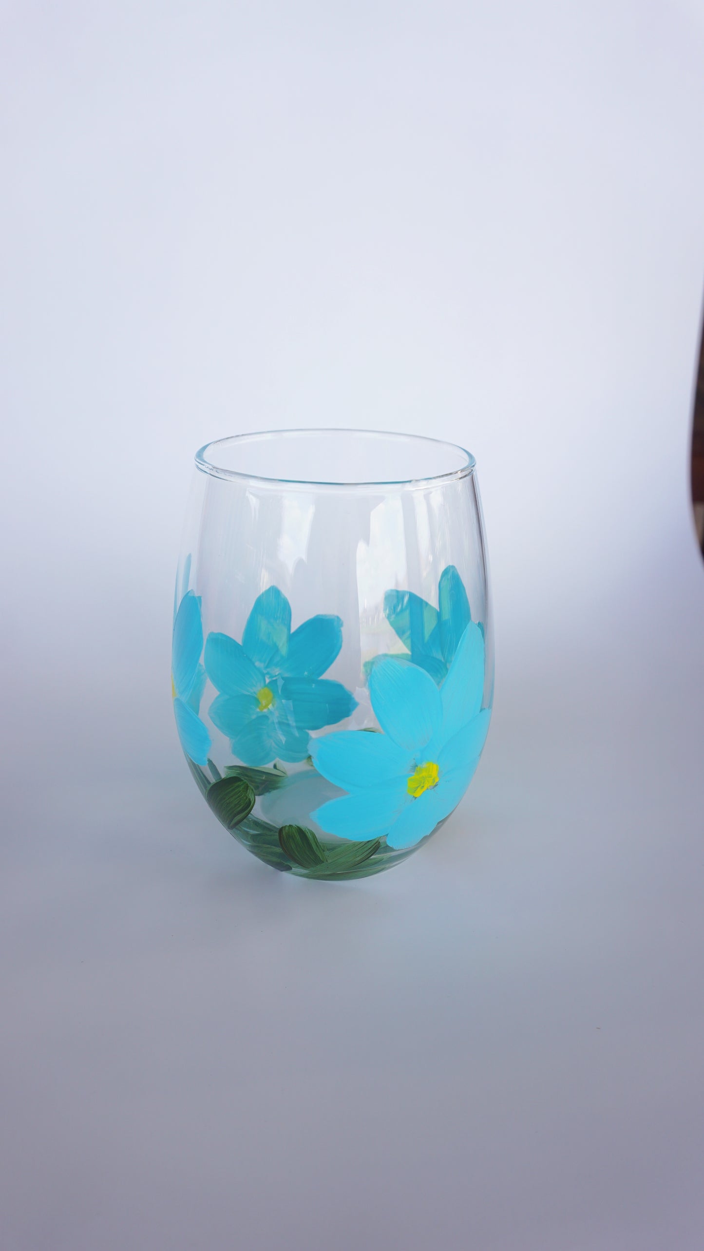 Hand Painted Stemless Wine Glass - Blue Flower