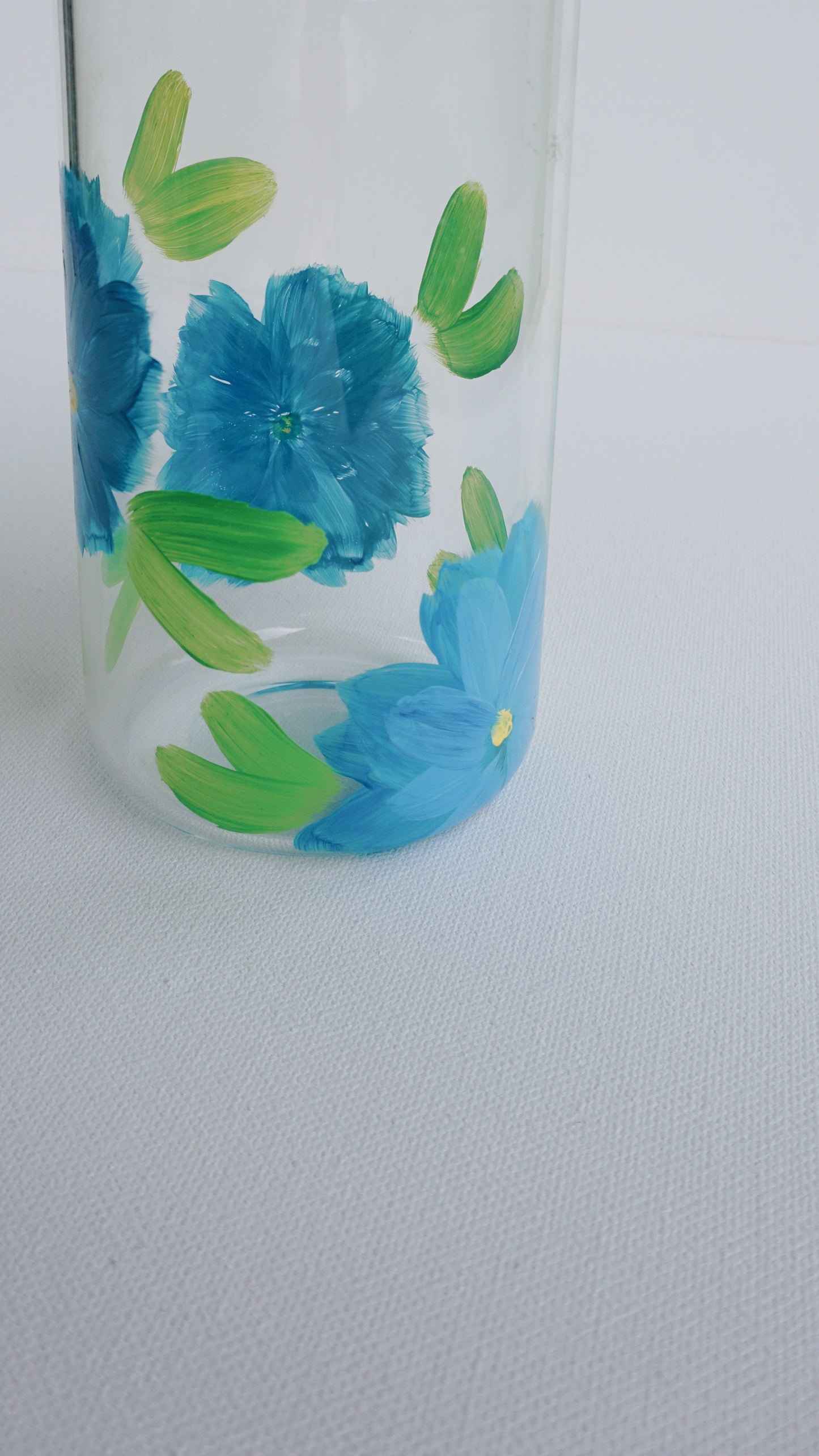 Hand Painted Glass Cup with Bamboo Lid and Glass Straw - Ocean Blue Flower