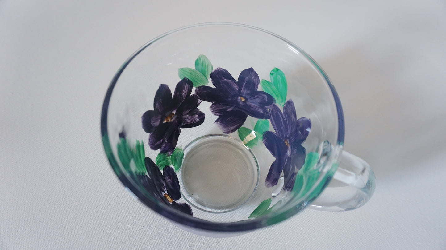 Hand Painted Glass Mug - Dark Purple Flower