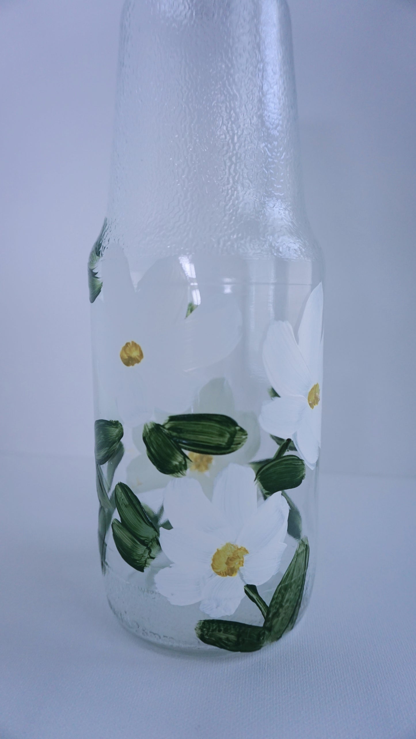 Hand Painted Glass Bottle - Large Tall - White Flower