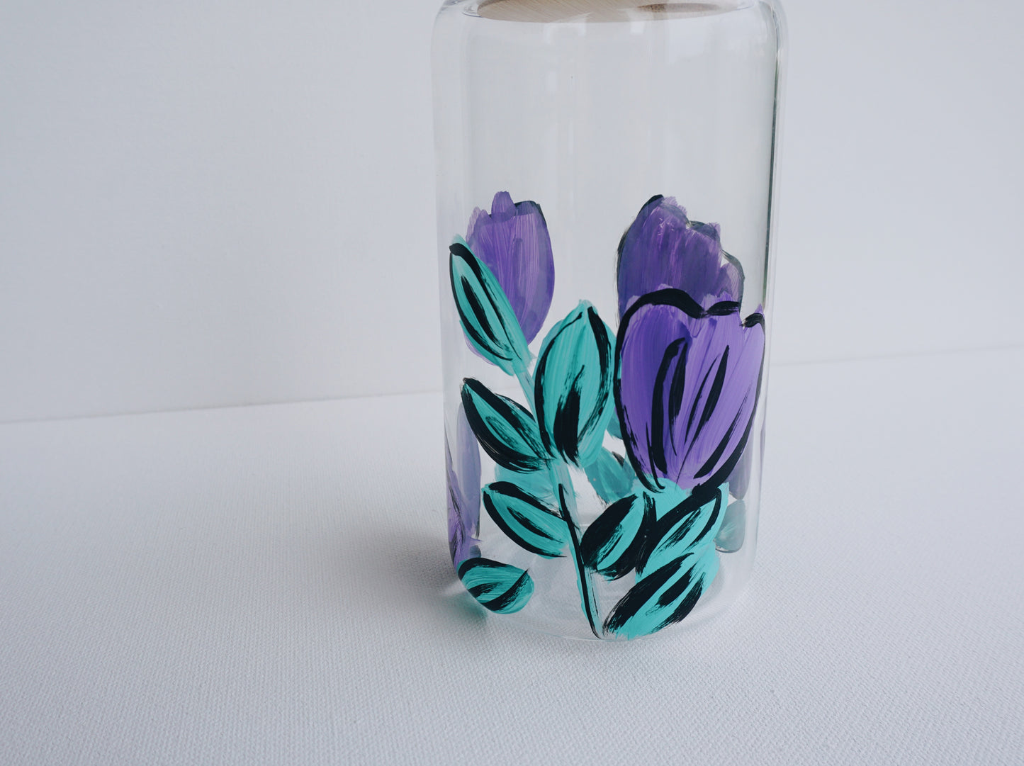 Hand Painted Glass Cup with Bamboo Lid and Glass Straw - Comic Book Purple Tulip