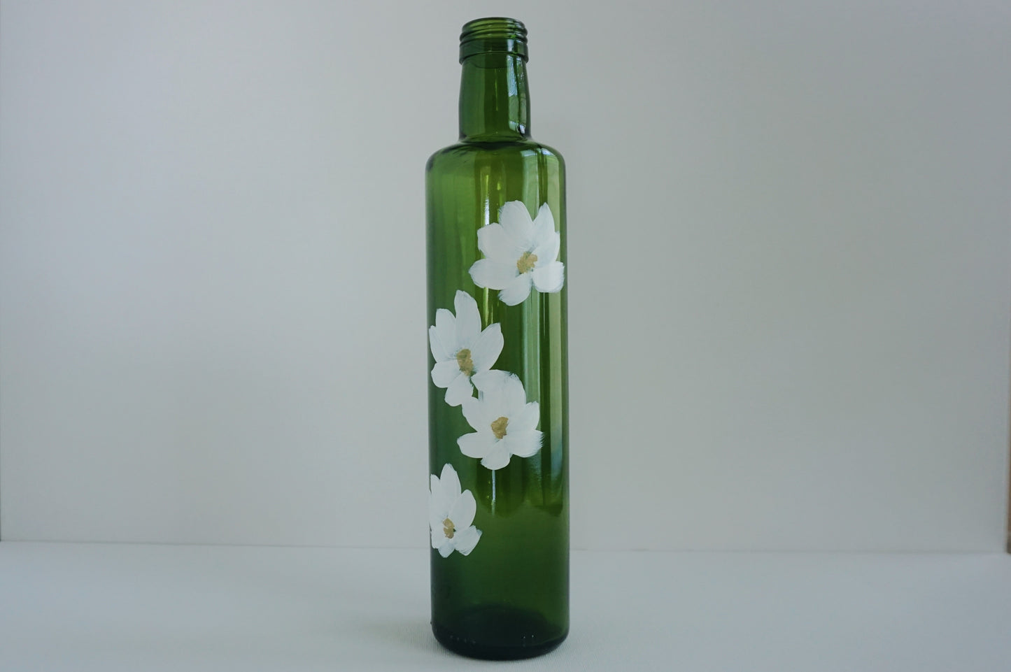 Hand Painted Glass Bottle - Transparent Green - White Flower