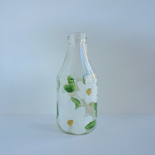 Hand Painted Glass Bottle - Large - White Flower