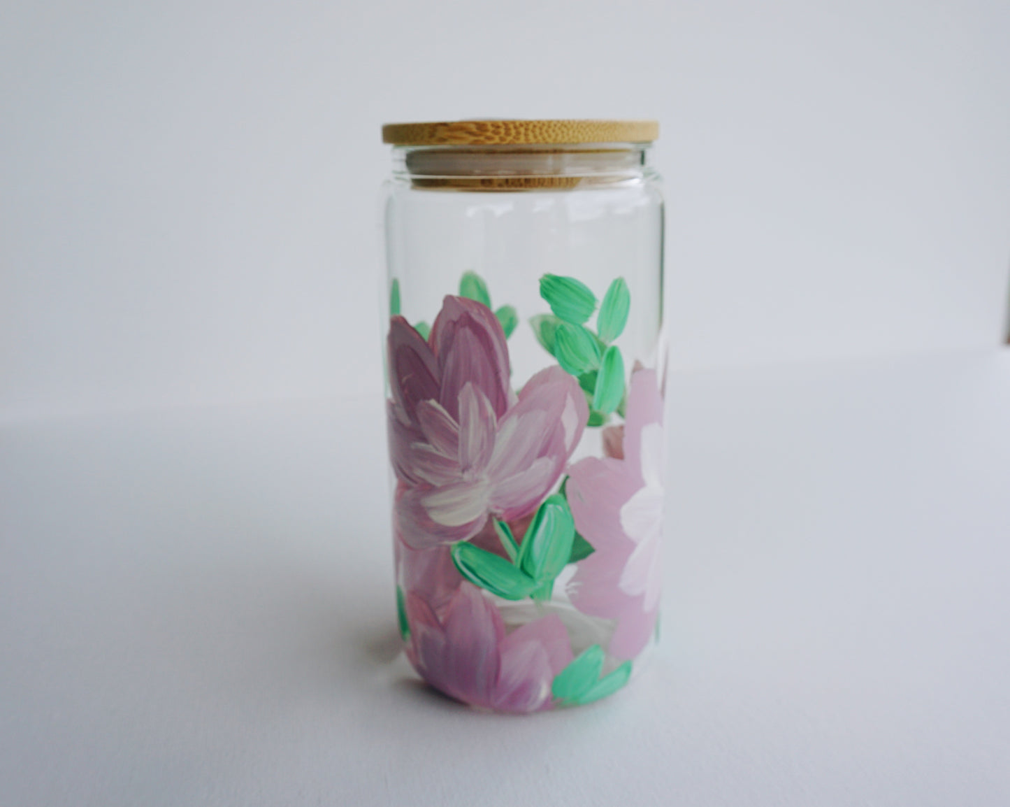 Hand Painted Glass Cup with Bamboo Lid and Glass Straw - Purple Flower