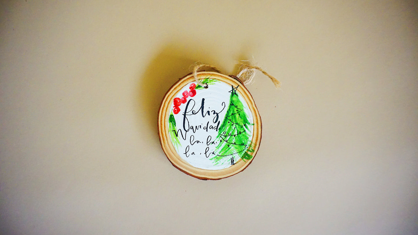 Feliz Navidad, la la la la - Round Wood Christmas Ornament