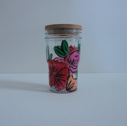 Hand Painted Glass Tumbler with Bamboo Lid and Glass Straw - “Desi’s Bouquet”