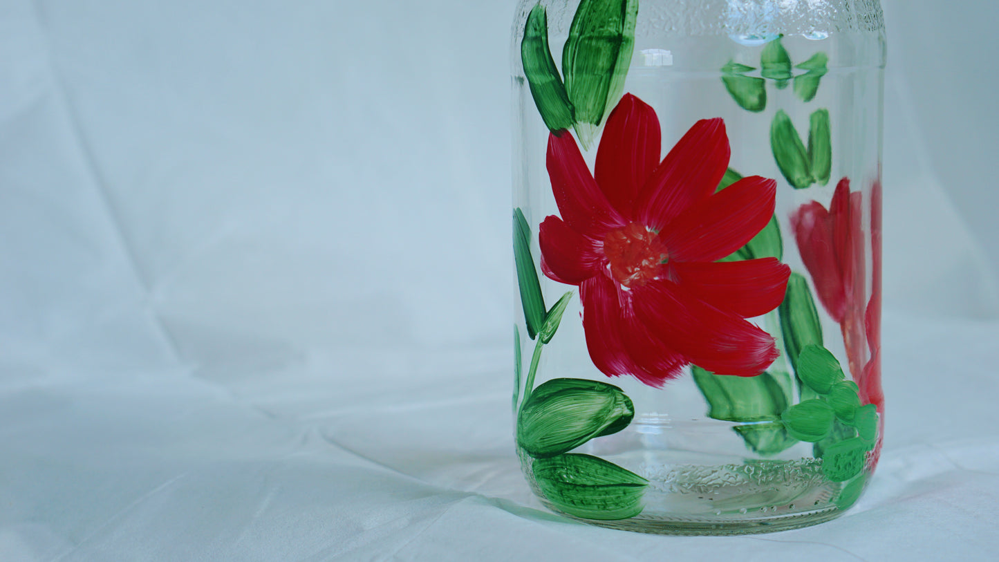 Hand Painted Glass Bottle - Large - Red Flower