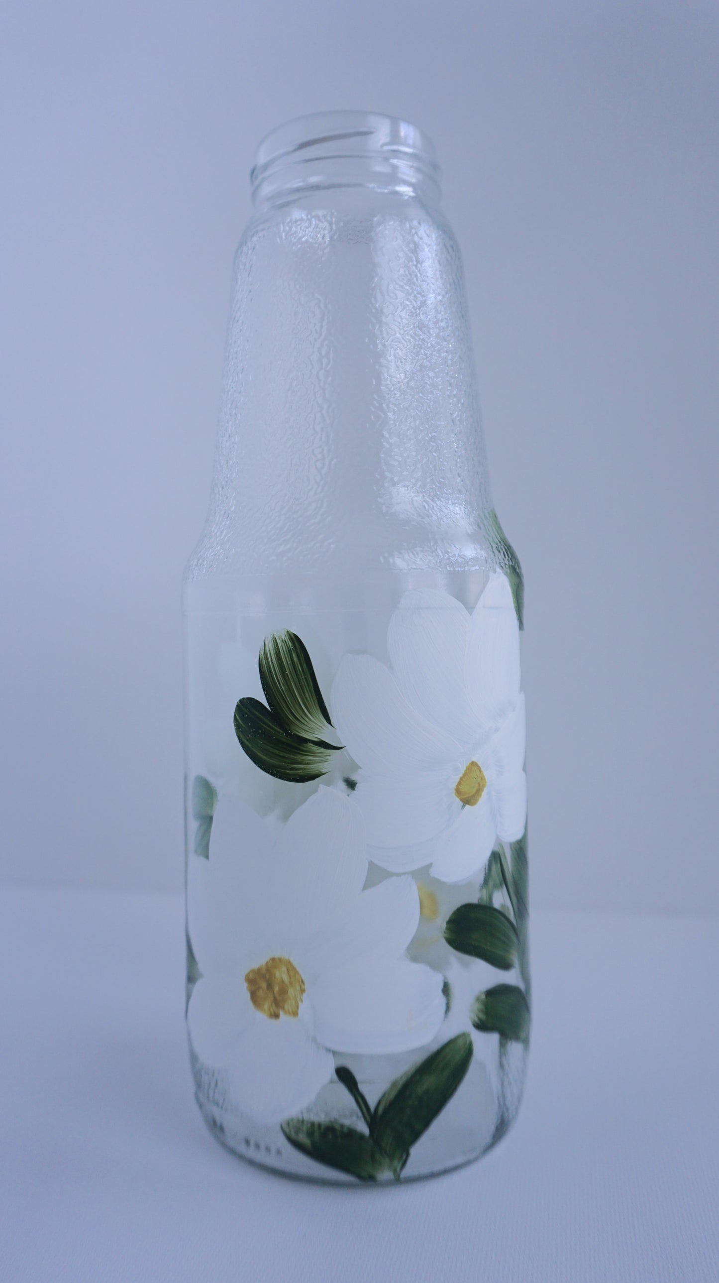 Hand Painted Glass Bottle - Large Tall - White Flower