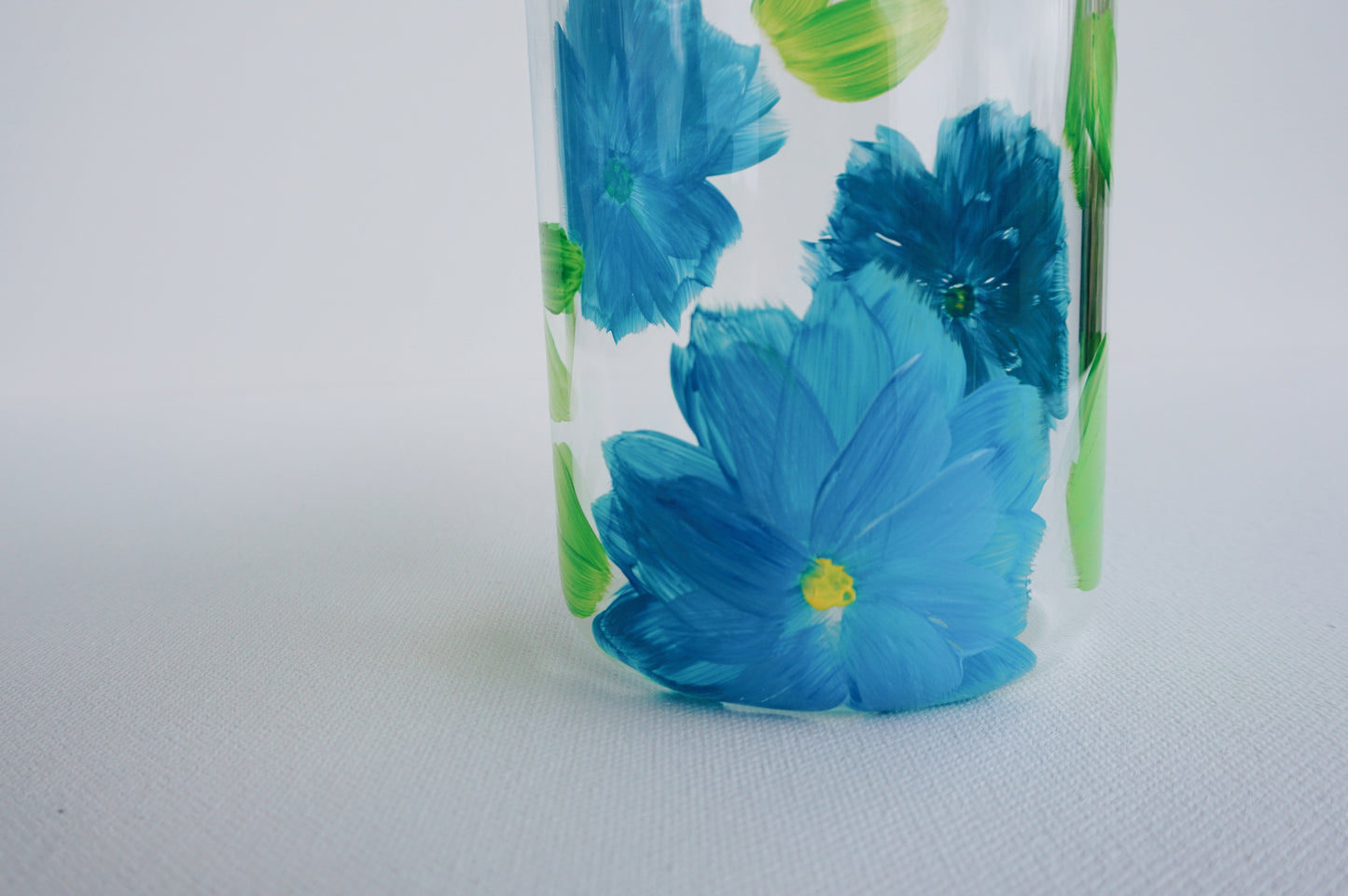 Hand Painted Glass Cup with Bamboo Lid and Glass Straw - Ocean Blue Flower