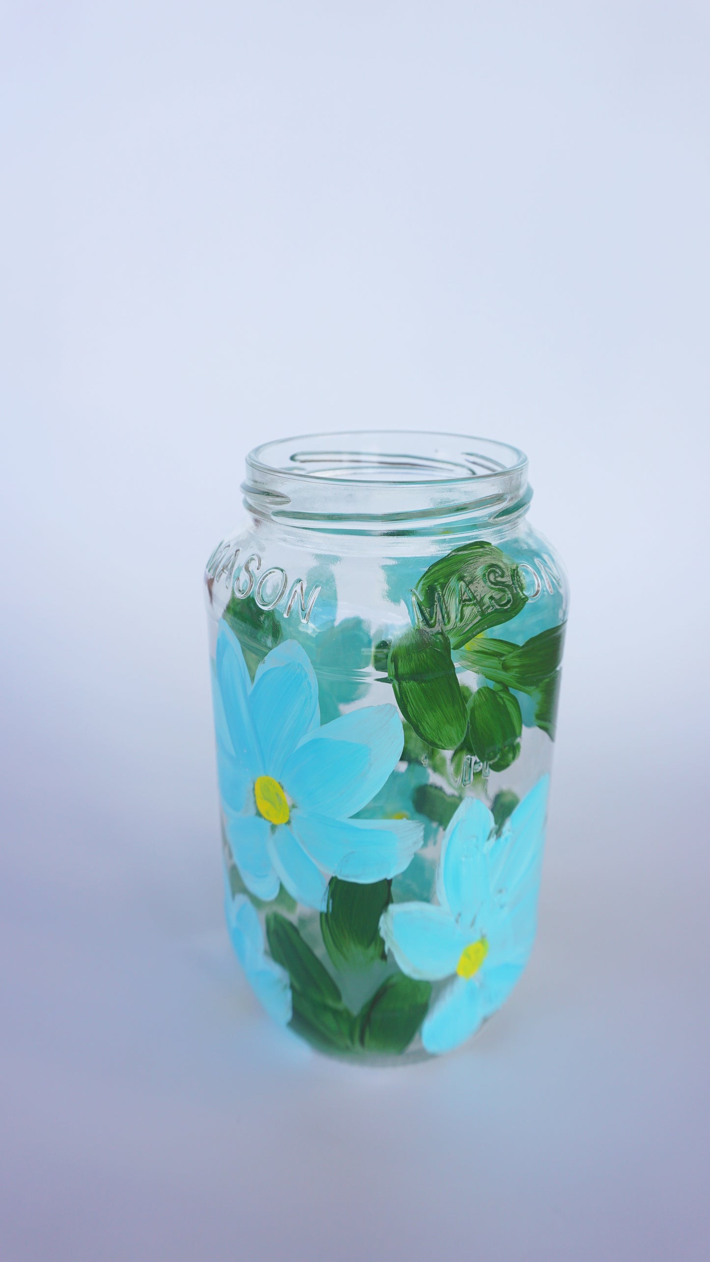 Hand Painted 20 oz Mason Jar - Blue Flowers