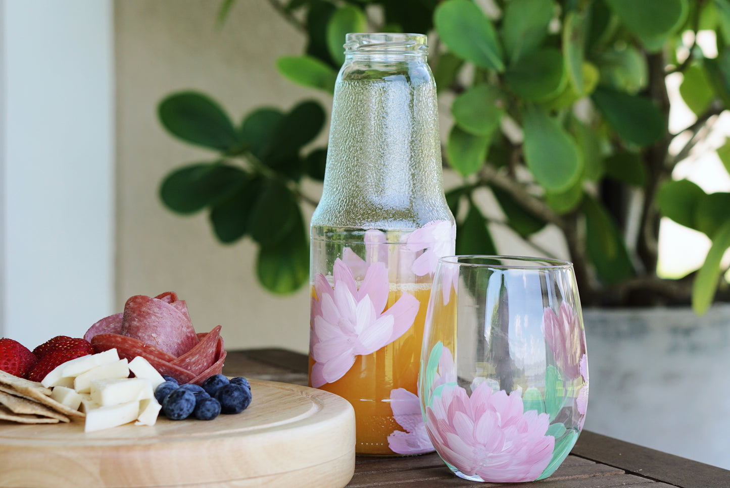 Hand Painted Stemless Wine Glass - Purple Flower