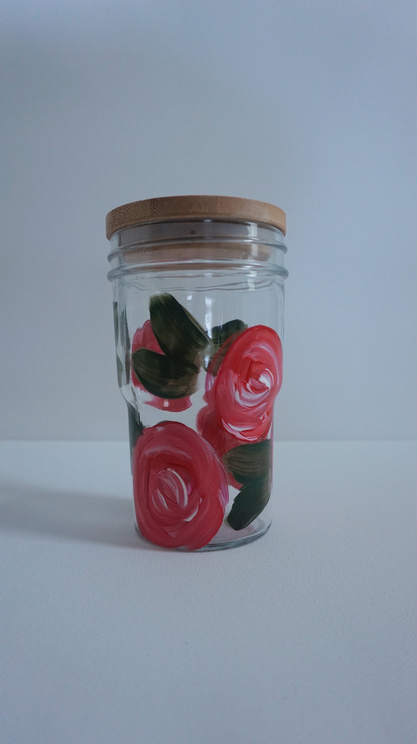 Hand Painted Glass Tumbler with Bamboo Lid and Glass Straw - Red Rose