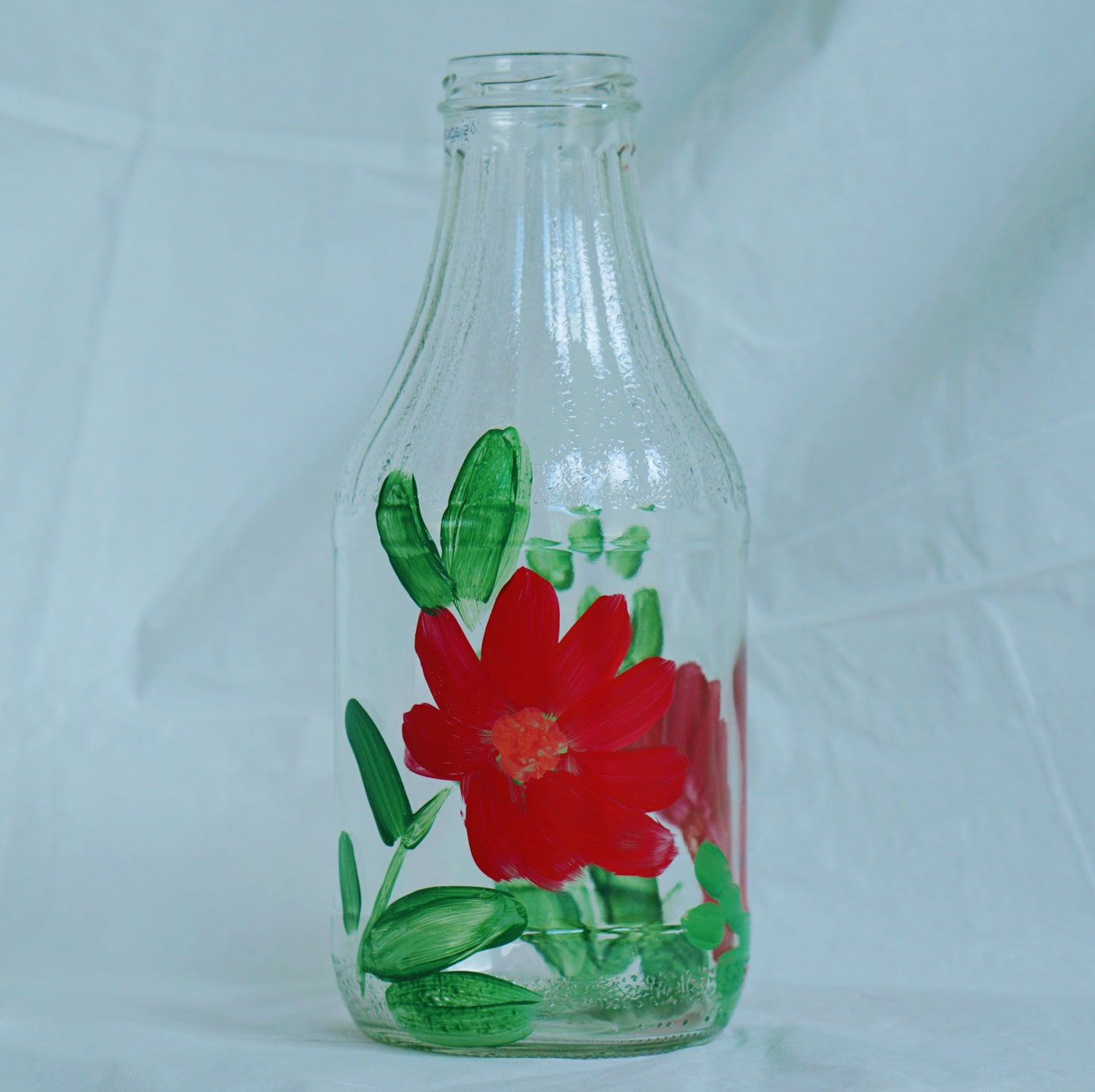 Hand Painted Glass Bottle - Large - Red Flower