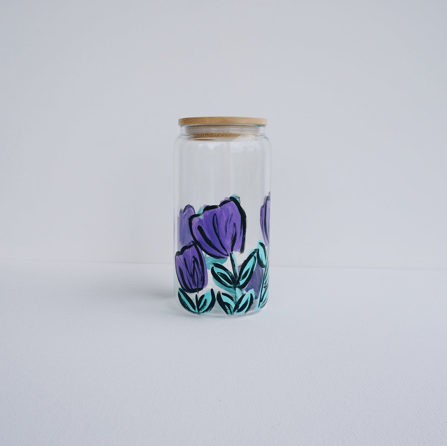 Hand Painted Glass Cup with Bamboo Lid and Glass Straw - Comic Book Purple Tulip