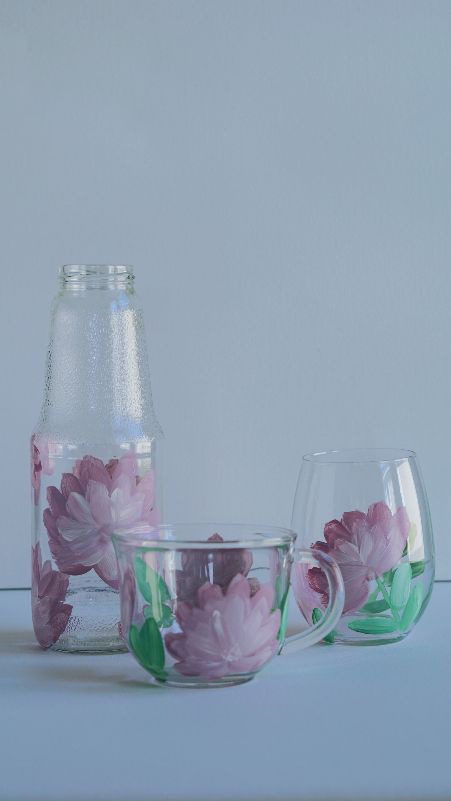 Hand Painted Glass Bottle - Large Tall - Purple Flower