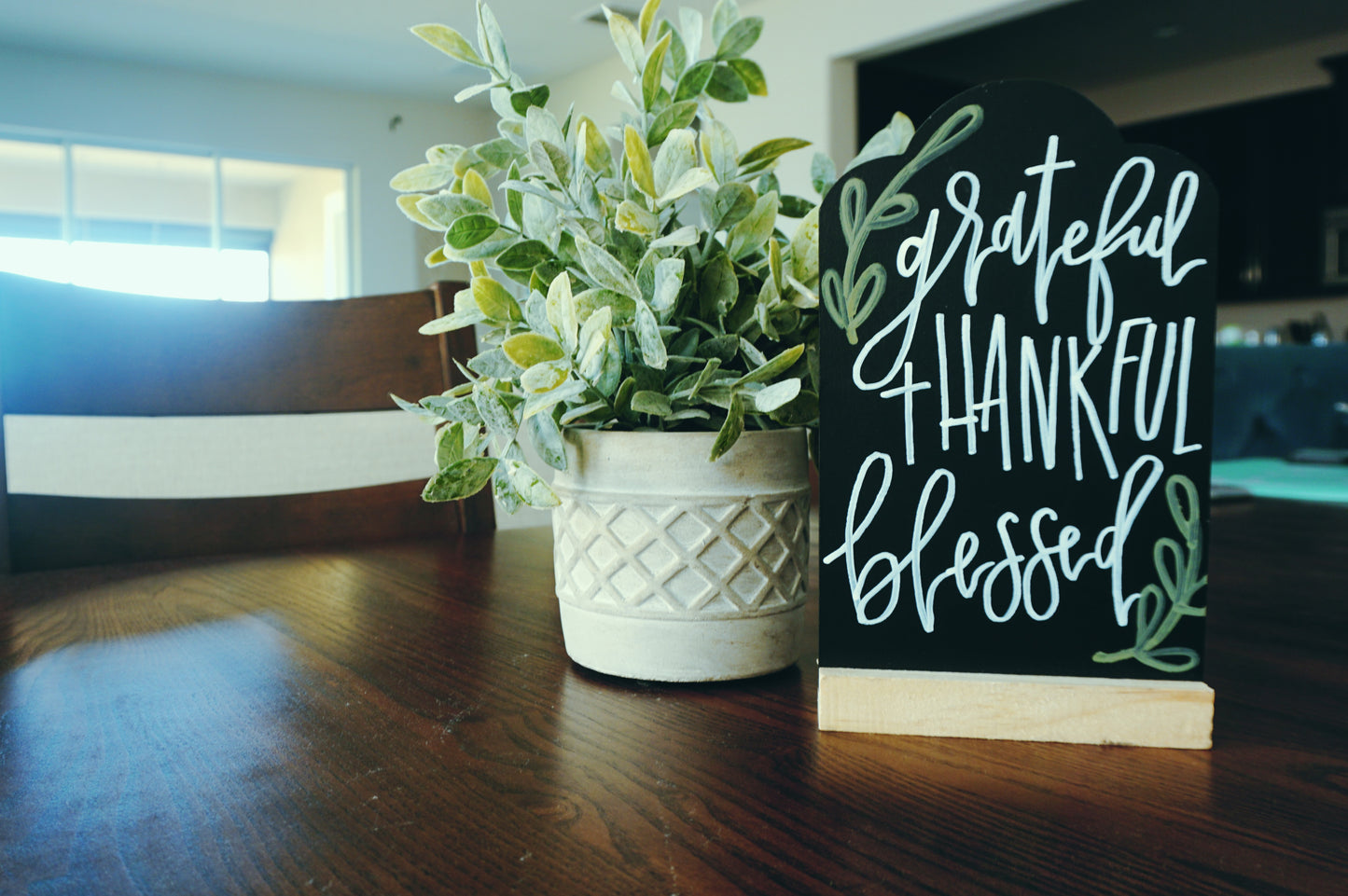 Grateful, Thankful, Blessed - Tabletop Chalkboard Sign with Base - Light Color Wood