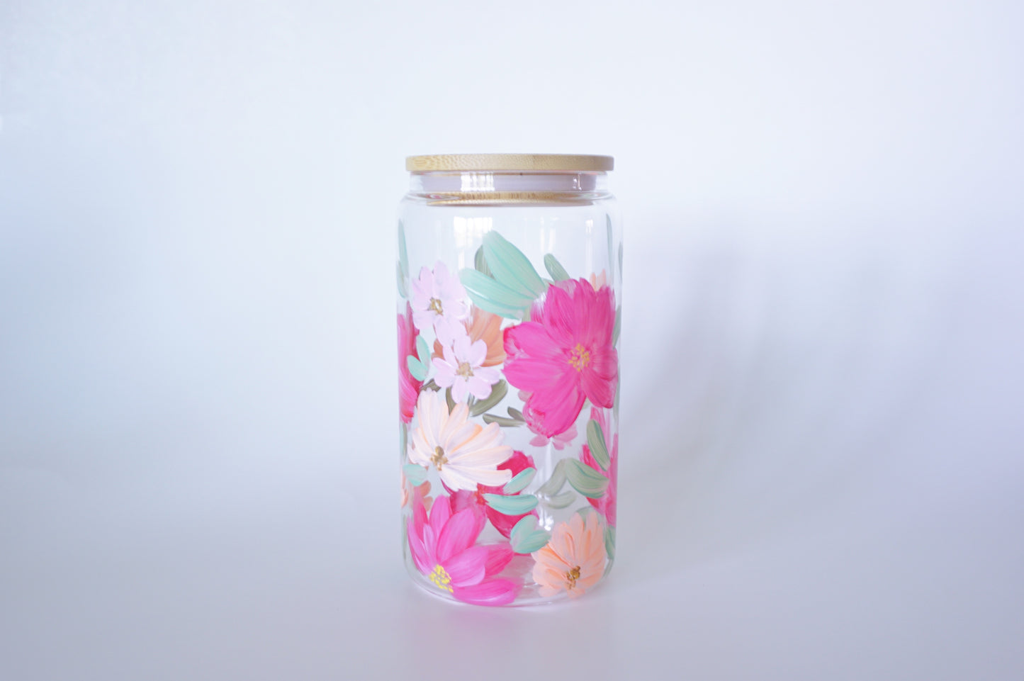 Hand Painted Glass Cup with Bamboo Lid and Glass Straw - Blooming Pink and Peach