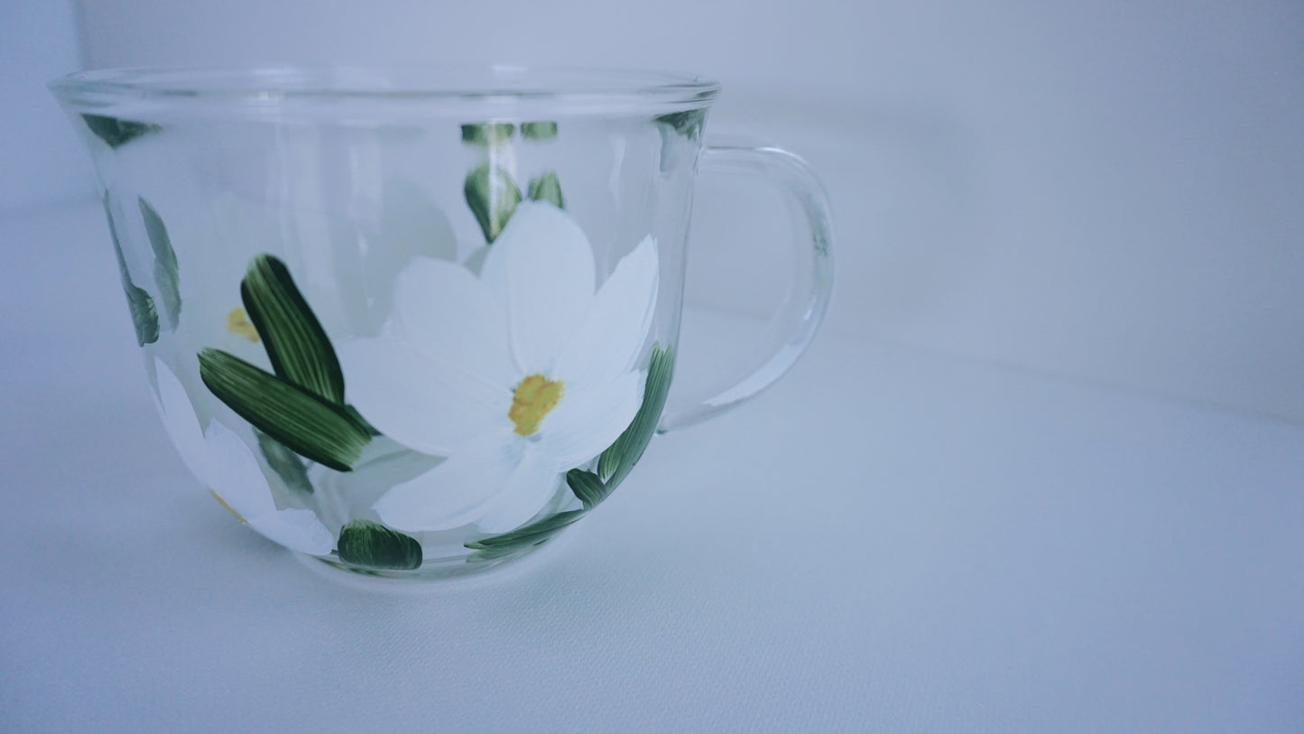 Hand Painted Glass Mug - White Flower