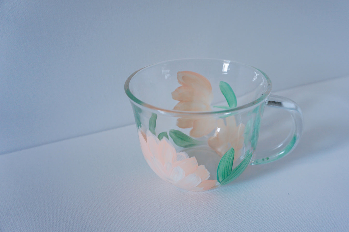 Hand Painted Glass Mug - Peach Flower