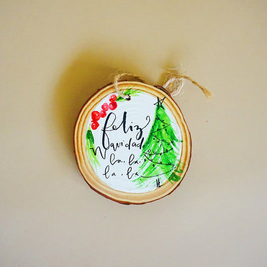 Feliz Navidad, la la la la - Round Wood Christmas Ornament