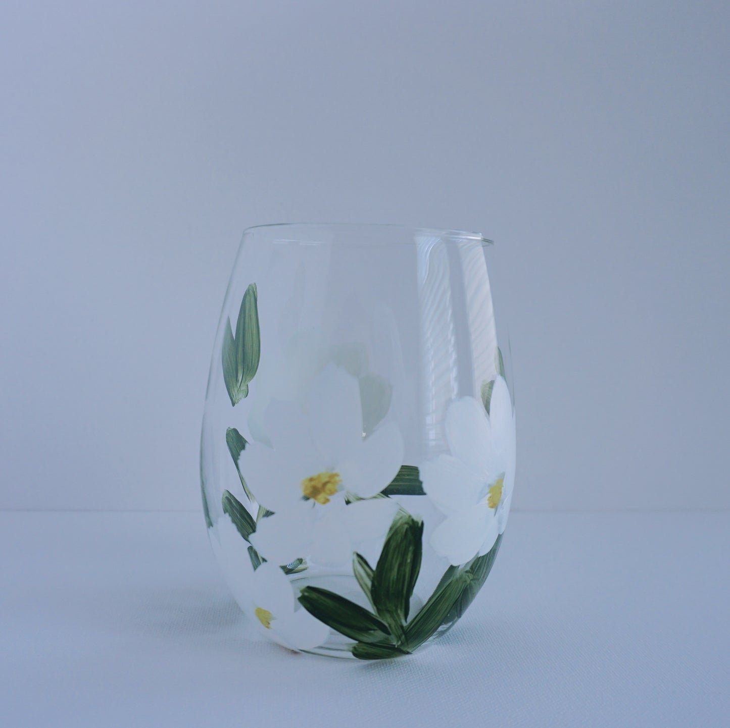 Hand Painted Stemless Wine Glass - White Flower