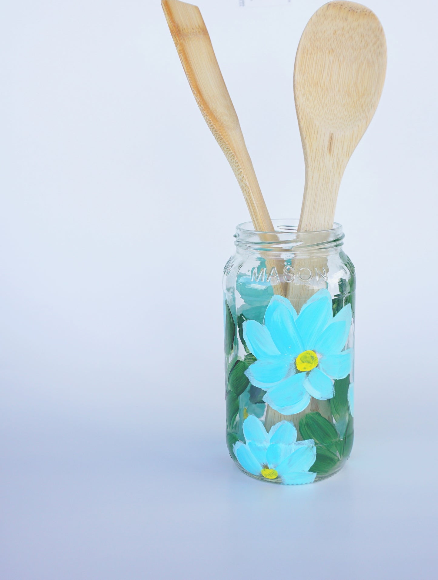 Hand Painted 20 oz Mason Jar - Blue Flowers