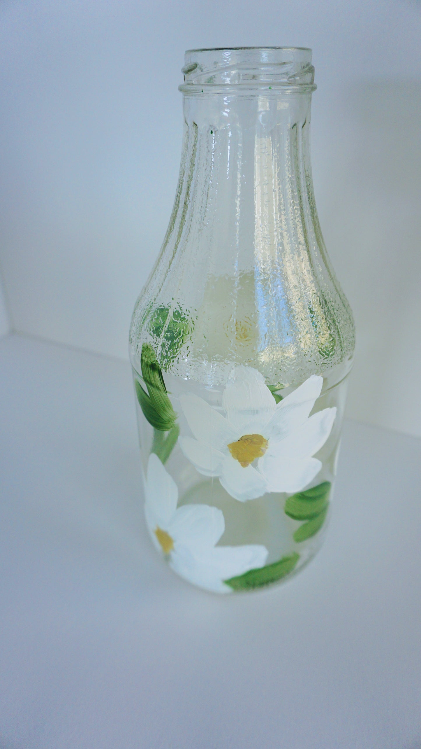 Hand Painted Glass Bottle - Large - White Flower