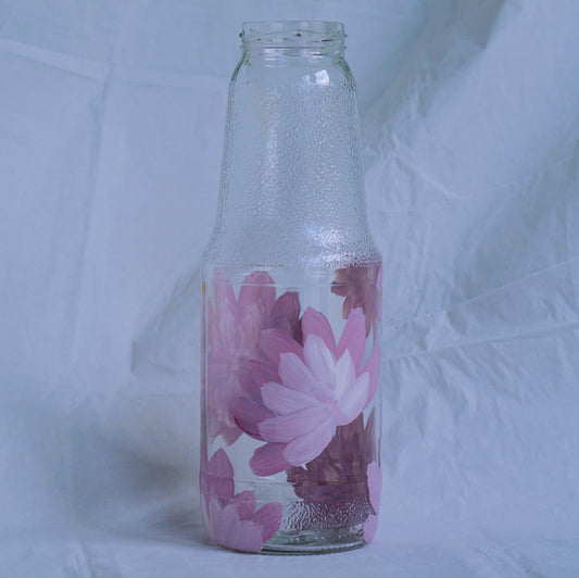 Hand Painted Glass Bottle - Large Tall - Purple Flower