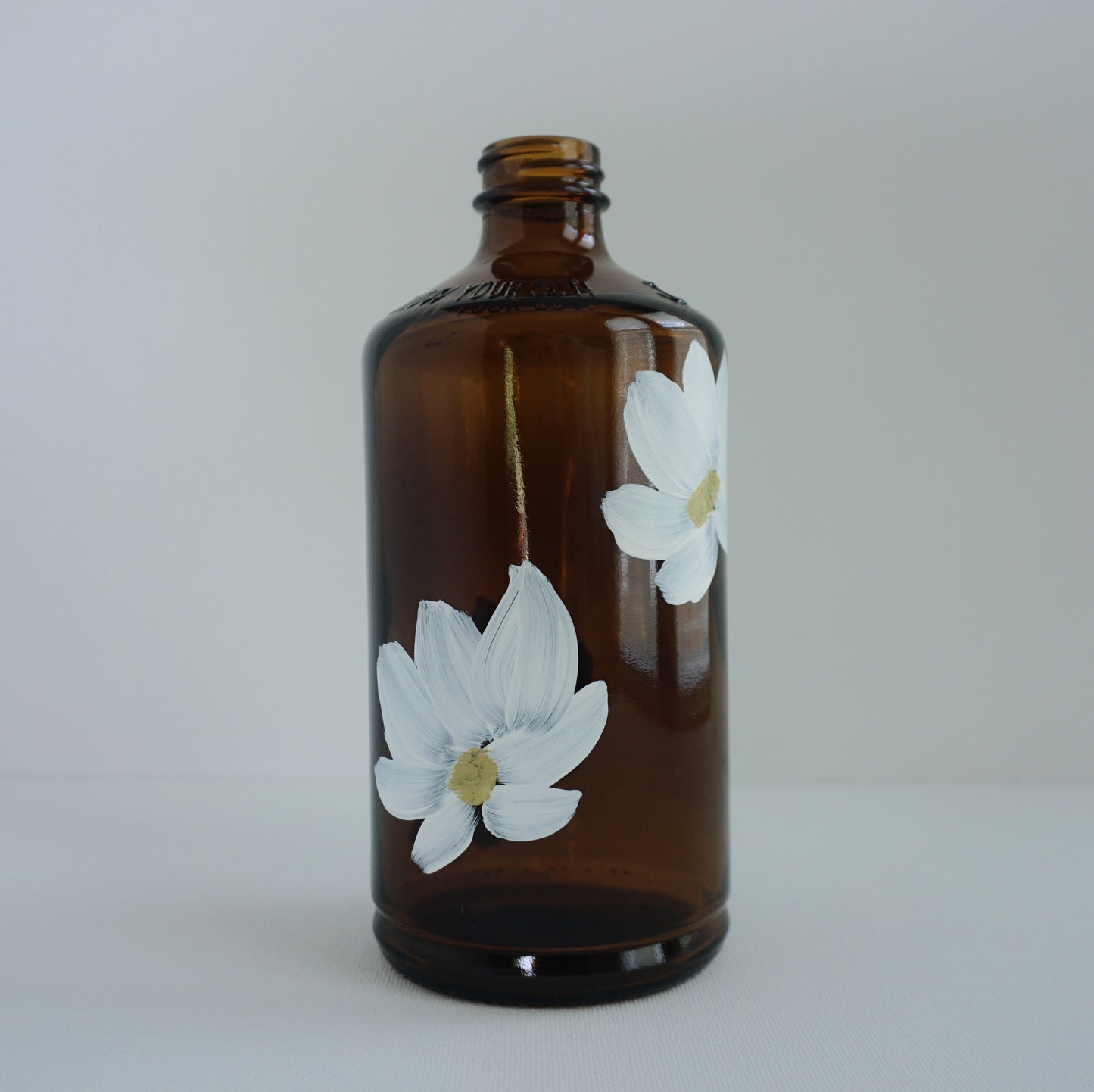 Hand Painted Glass Bottle - Transparent Brown - White Flower