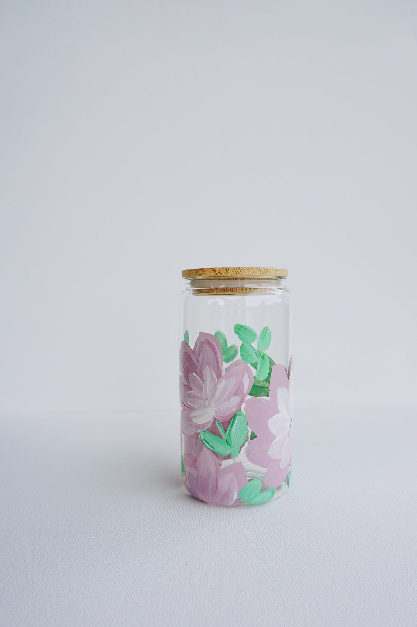 Hand Painted Glass Cup with Bamboo Lid and Glass Straw - Purple Flower