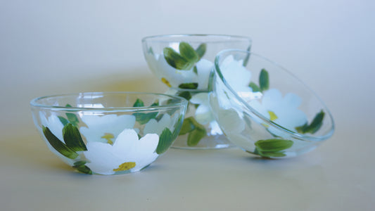 Hand Painted Glass Bowl Set - White Flowers