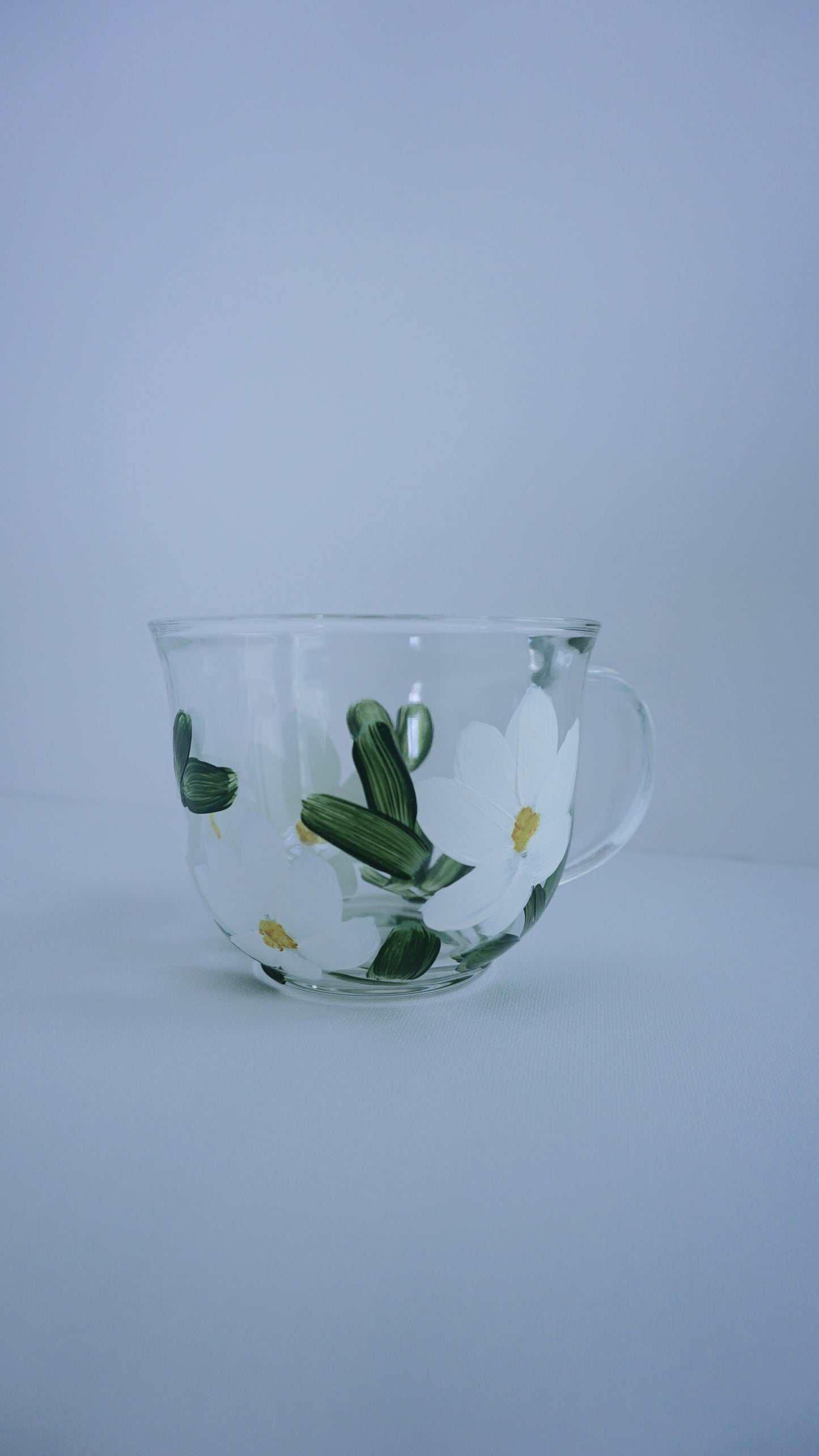 Hand Painted Glass Mug - White Flower