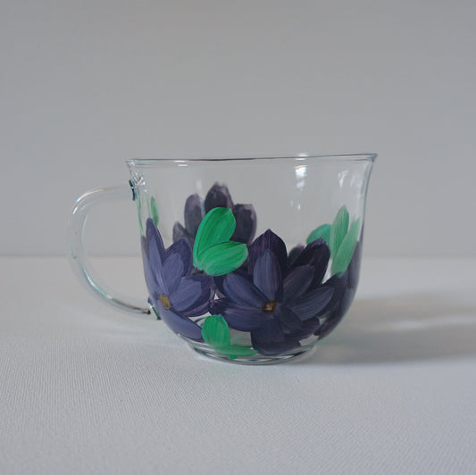 Hand Painted Glass Mug - Dark Purple Flower