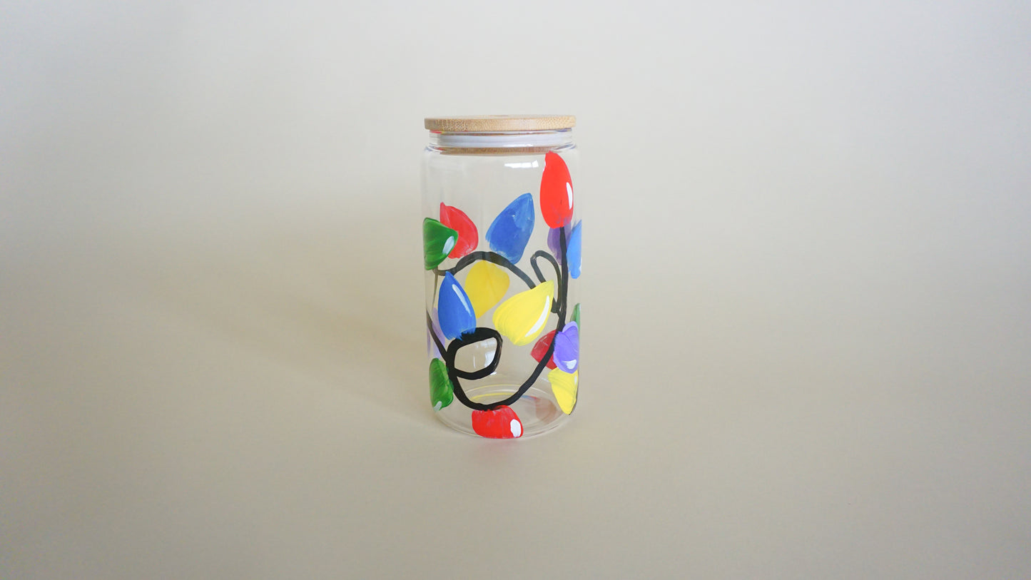 Hand Painted Glass Cup with Bamboo Lid and Glass Straw - Christmas Lights