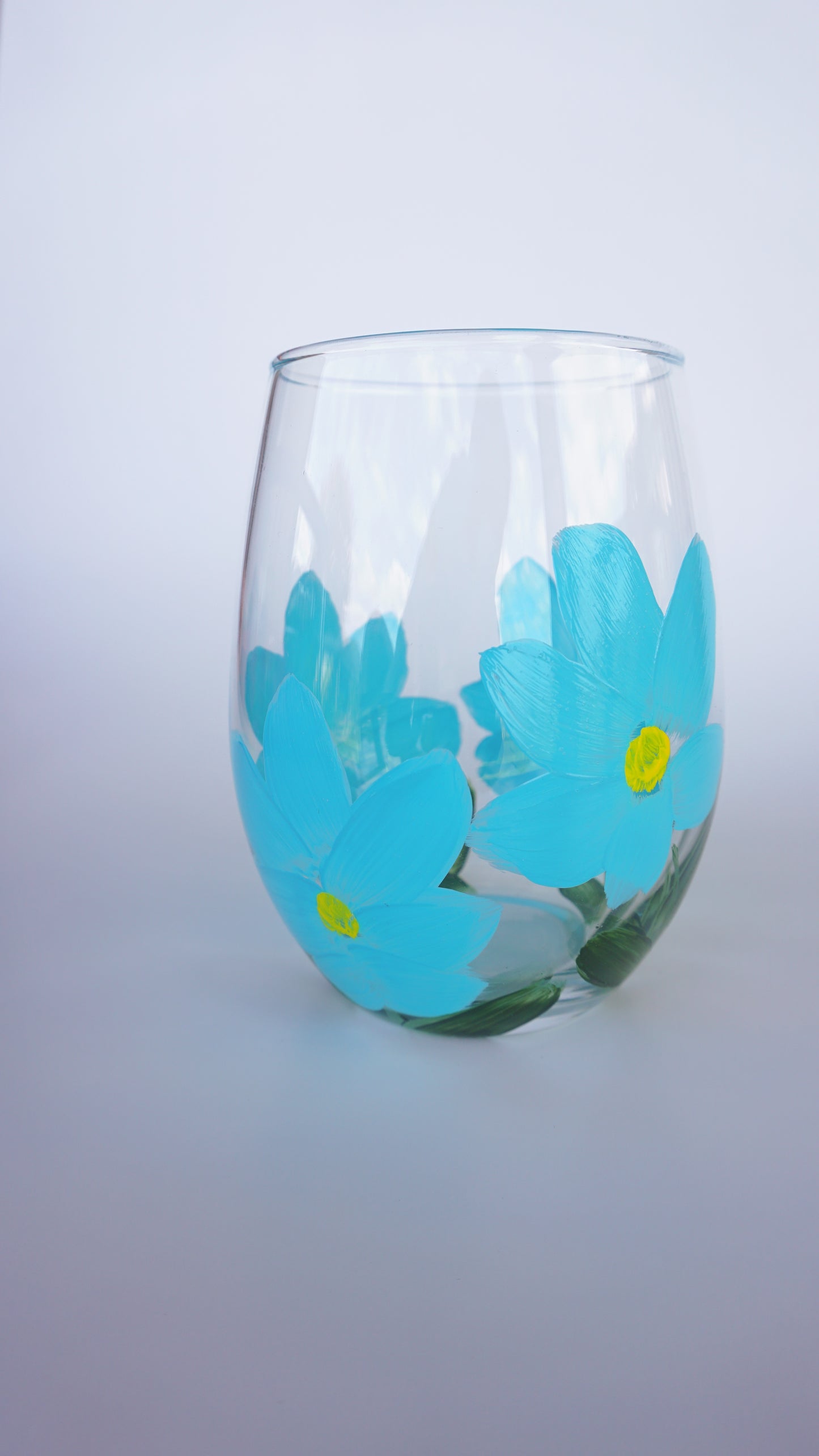 Hand Painted Stemless Wine Glass - Blue Flower