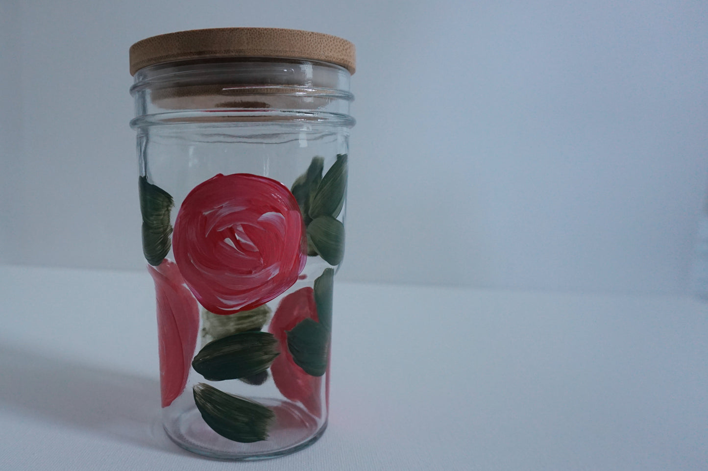 Hand Painted Glass Tumbler with Bamboo Lid and Glass Straw - Red Rose