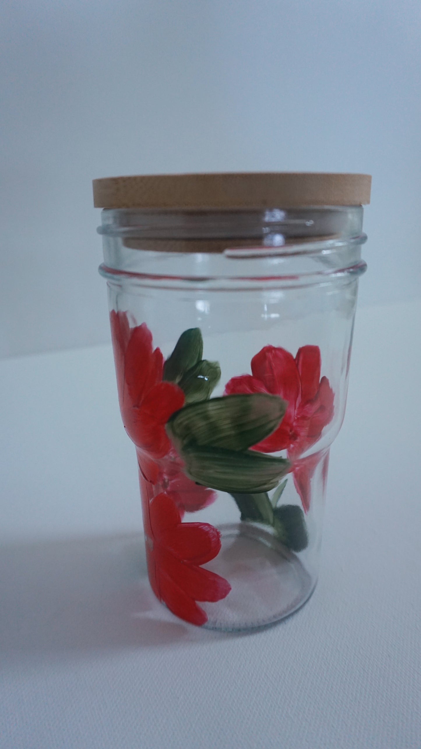 Hand Painted Glass Tumbler with Bamboo Lid and Glass Straw - Red Flower