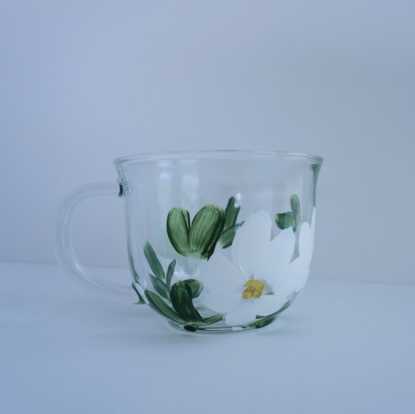 Hand Painted Glass Mug - White Flower