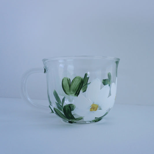 Hand Painted Glass Mug - White Flower