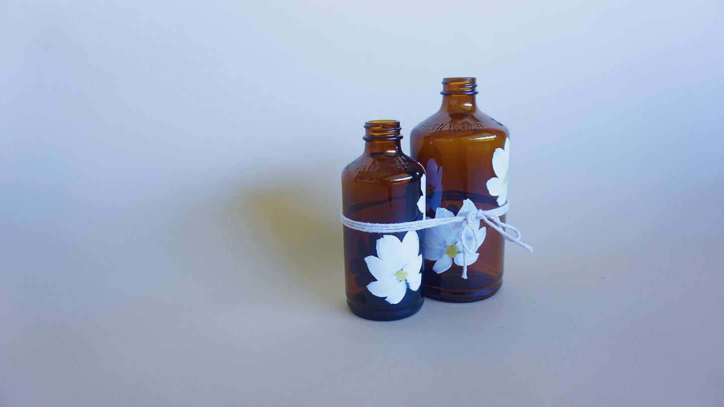 Hand Painted Glass Bottle Set- Transparent Brown - White Flower