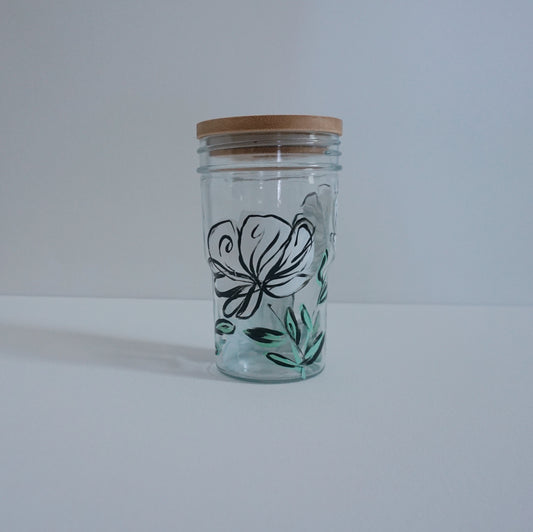 Hand Painted Glass Tumbler with Bamboo Lid and Glass Straw - White Comic Flower