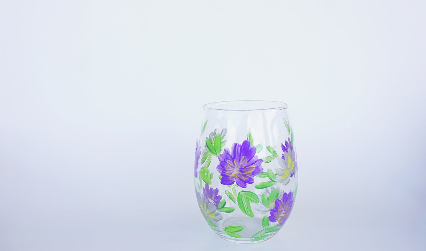 Hand Painted Stemless Wine Glass - Purple + Silver Small Flowers