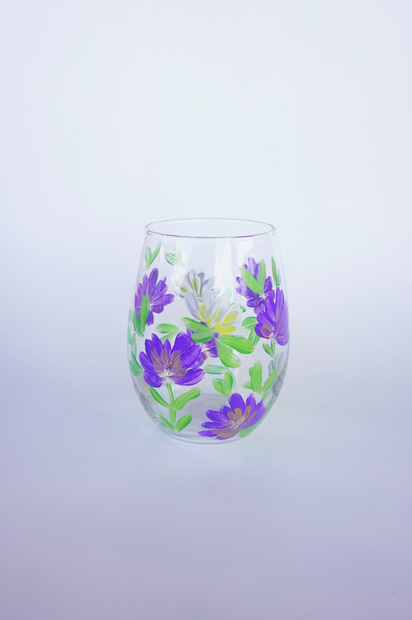 Hand Painted Stemless Wine Glass - Purple + Silver Small Flowers