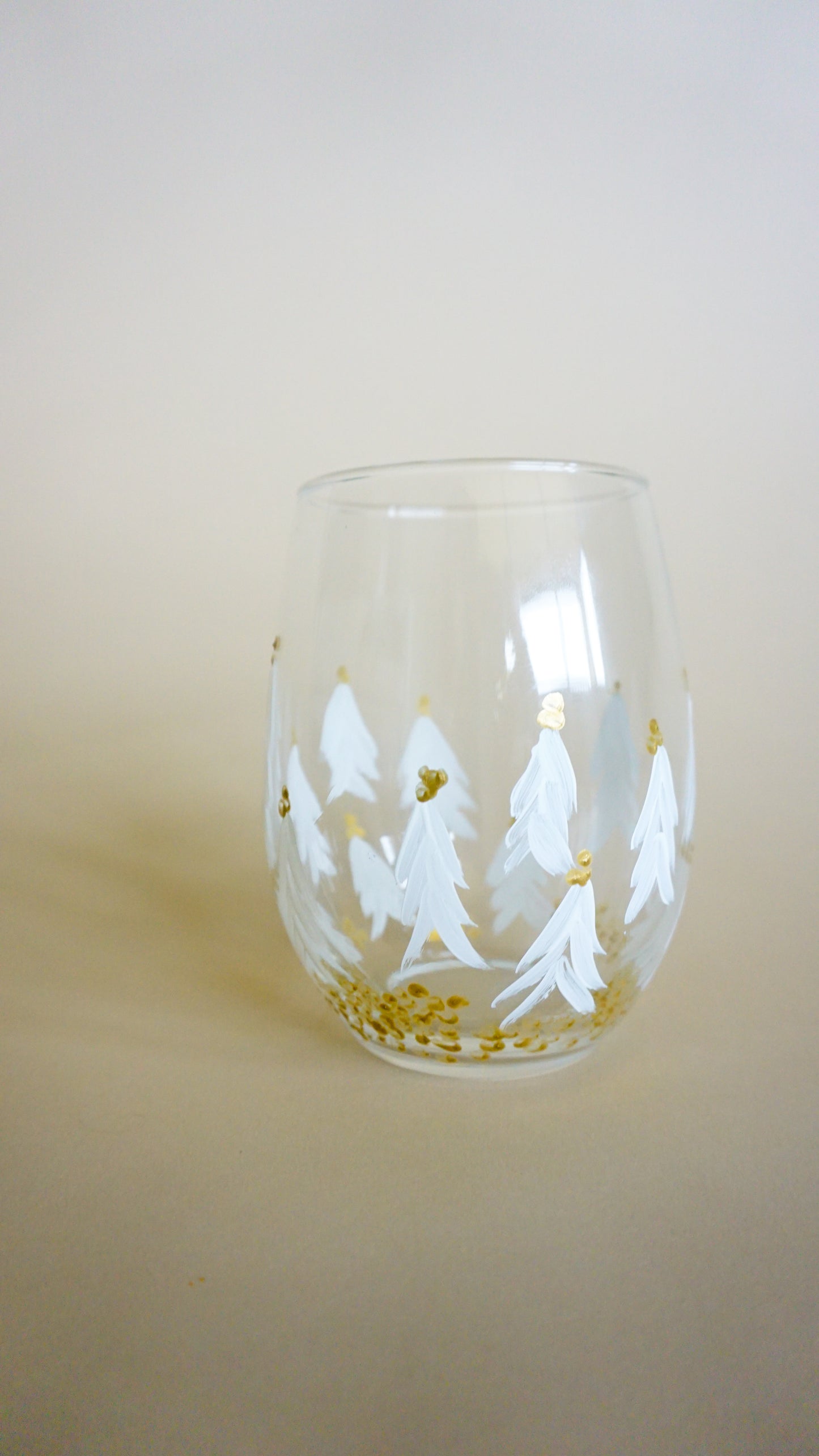 Hand Painted Stemless Wine Glass - White Christmas Trees