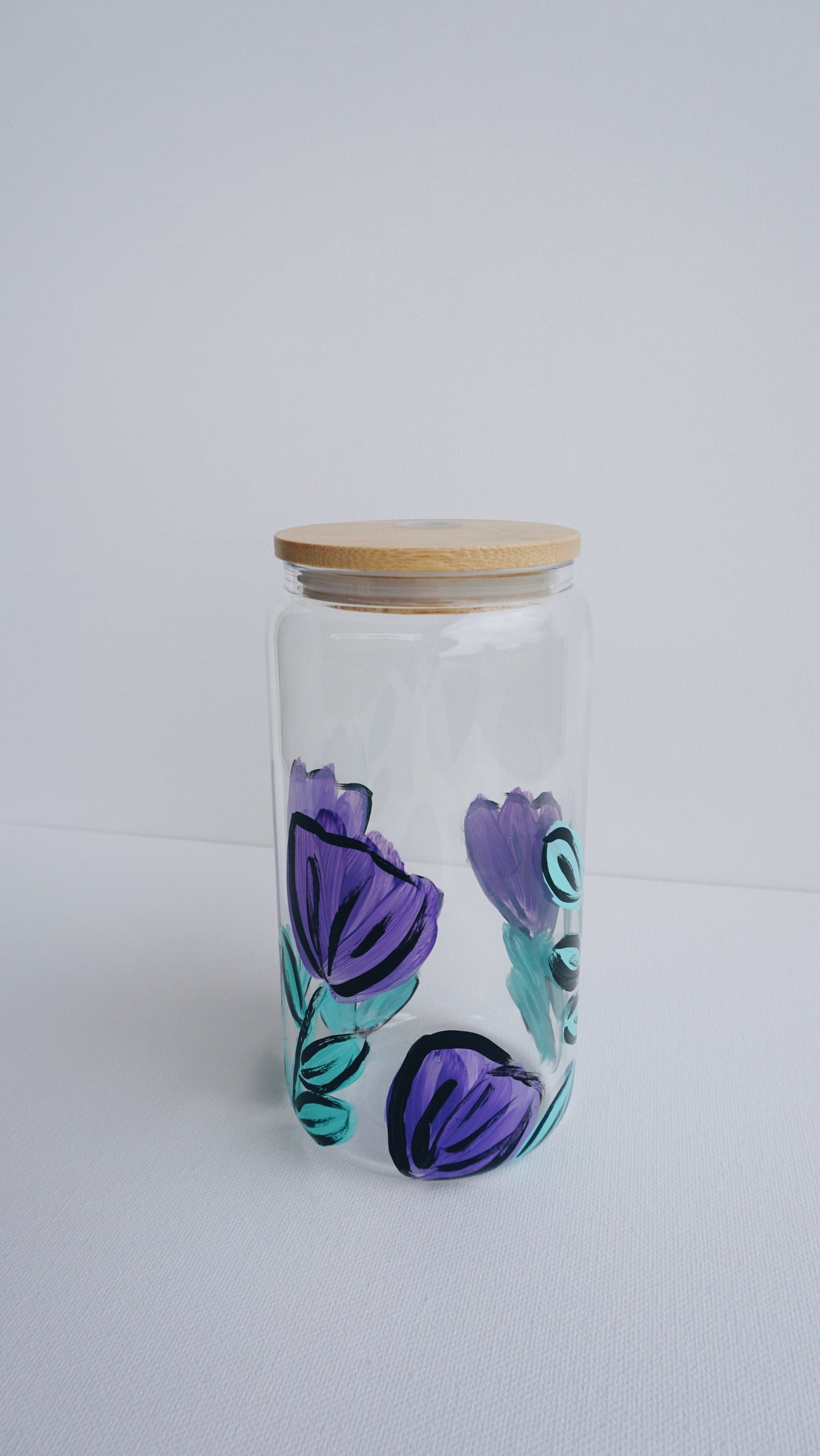 Hand Painted Glass Cup with Bamboo Lid and Glass Straw - Comic Book Purple Tulip