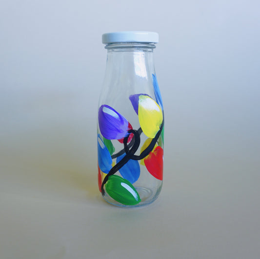 Hand Painted Glass Milk Bottle - Christmas Lights